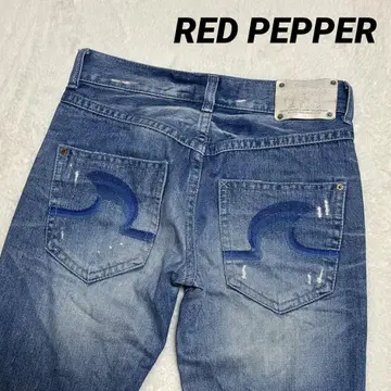 RED PEPPER 데미지 가공 자수 데님 팬츠 인디고 28