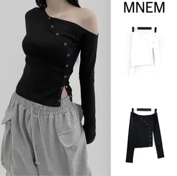 MNEM 블랙 오프숄더 긴팔 티셔츠