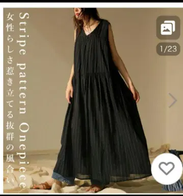 스트라이프 패턴 슬리브리스 롱 원피스
