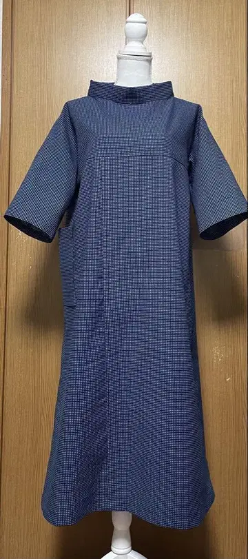 기모노 리메이크 목화 A라인 원피스 롤 칼라 격자 무늬