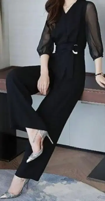 쉬폰 블랙 와이드 팬츠 셋업 3 X L