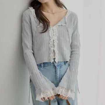 CHICO 레이스 도킹 리브 니트 가디건