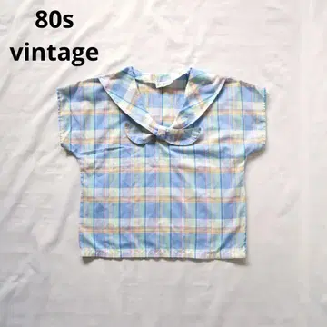 80s vintage 빈티지 블루 체크 세일러 리본 상의