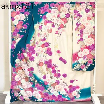 akmx181 순수 실크 후리소데 화이트/남색 펄톤 가공 13호 꽃무늬