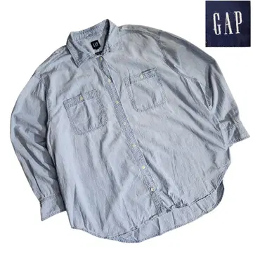 GAP 오버사이즈 샴브레이 긴팔 셔츠 아이스 블루 양 가슴 포켓 893