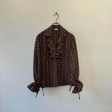 구제 프릴 셔츠 올 패턴 모노그램 겉옷 셔링 소매 레트로 빈티지 브라운