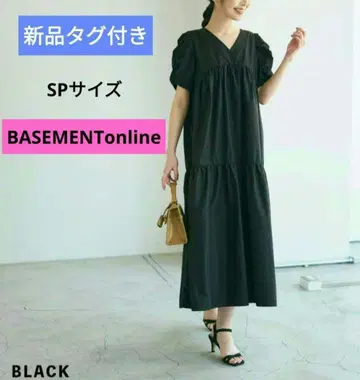 택 포함 새상품 베이스먼트 온라인 퍼프 슬리브 롱 원피스 블랙