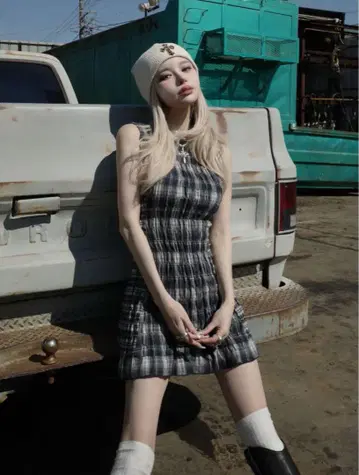다리치 체크 콤비 미니 원피스