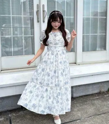 evelyn 꽃무늬 개더 롱 OP 롱 프리 사이즈 블루