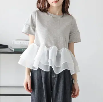 La-gemme 시어 프릴 티어드 페플럼 도킹 상의 그레이