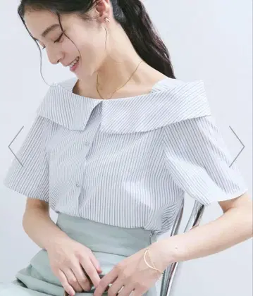 vis [주름 방지] 라메 믹스 오프숄더풍 스트라이프 셔츠 미사용 새상품