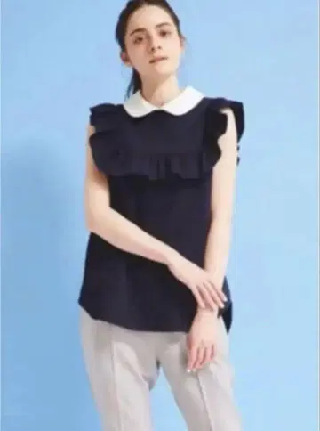 yori 라운드 칼라 프릴 슬리브리스 블라우스 셔츠 네이비