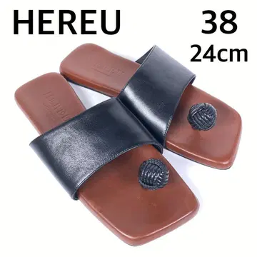 컨디션 최상 HEREU 류 스퀘어토 볼 레더 샌들 천연 가죽 블랙 38