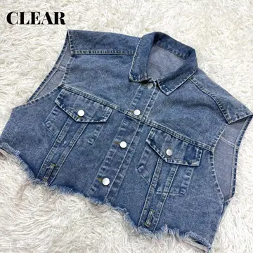 CLEAR 데님 베스트 자켓 숏 기장 데미지 레이어드 워셔블 사계절