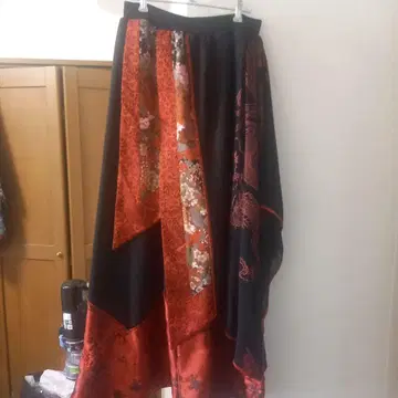 블랙 레드 꽃무늬 드래곤 자수 와이드 팬츠