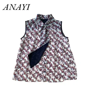 ANAYI 아나이 블라우스 보우타이 올 패턴 시어 셔츠 슬리브리스 M
