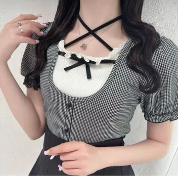evelyn 에블린 넥 리본 TP 상의 깅엄