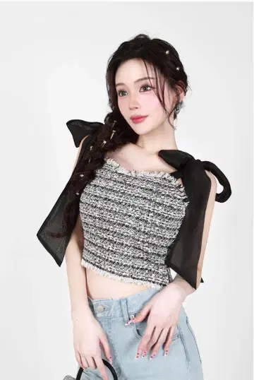 Lazzli shoulder ribbon tweed tops