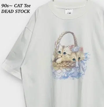 90년대~ 미사용품 택 포함 고양이 바스켓 반팔 티셔츠 애니멀 화이트
