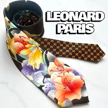 LEONARD 넥타이 브라운 오렌지 꽃무늬 브라운 실크 100%