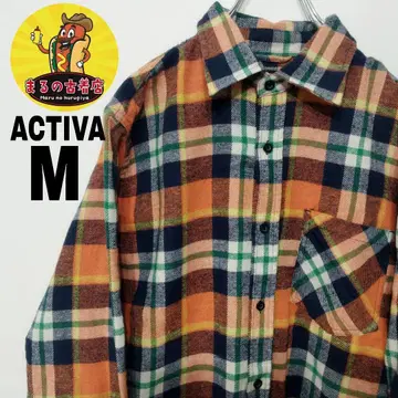 USA 구제 ACTIVA 플란넬 셔츠 M 오렌지 네이비 체크