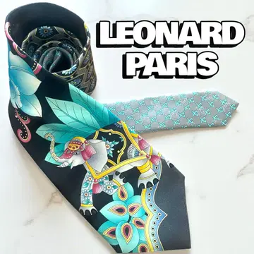 LEONARD 넥타이 코끼리 블랙 실버 스카이블루 실크 100%