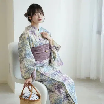 꽃무늬 유카타 세트 (파랑 보라색)