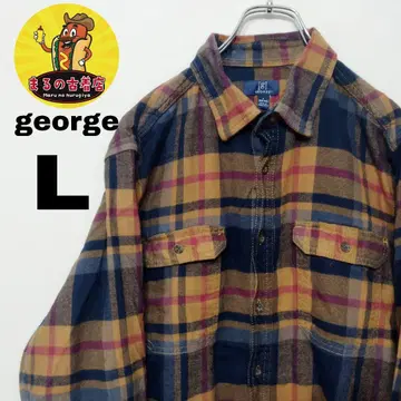 USA 구제 의류 george 플란넬 셔츠 L 오렌지 네이비 체크