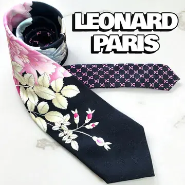 LEONARD 넥타이 블랙 핑크 꽃무늬 블랙 실크 100%