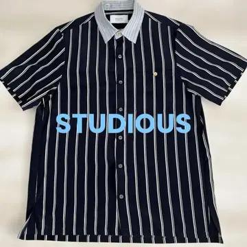 STUDIOUS 네이비 스트라이프 반팔 오픈 카라 셔츠