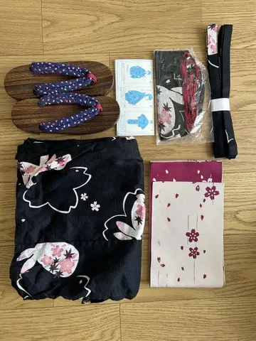 벚꽃 꽃무늬 유카타 오비 일본 나막신 세트