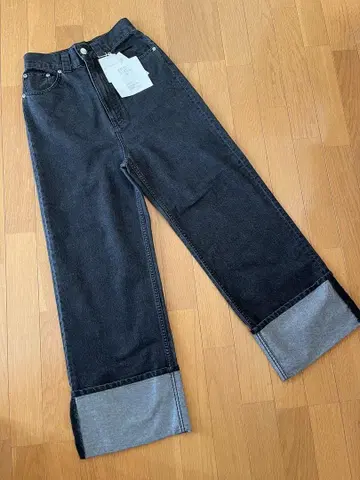 새상품 미사용 CITEN 라메 롤업 와이드 데님 사이즈 S 블랙