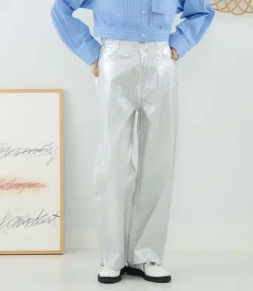 Ray BEAMS 호일 프린트 데님 팬츠 실버 0