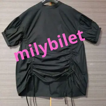 milybilet 블랙 반팔 셔츠 사이드 개더