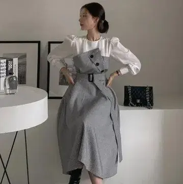 원피스 원피 이소재 도킹 레이어드 하이웨스트 체크 라운드넥 한국