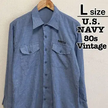 80s U.S. NAVY 미군 샴브레이 셔츠 L 긴팔 라이트 블루 무지