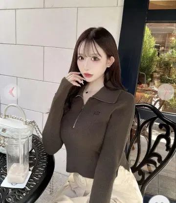 하프 지퍼 니트탑 브라운