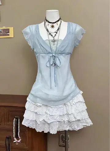 Fashist 스카이블루 쉬폰 반팔 셔츠, 스커트 셋업