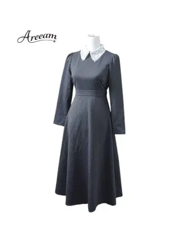 Areeam 아림 꽃무늬 레이스 깃 절개 플레어 롱 원피스 긴팔