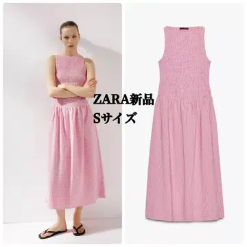 완판템 ZARA 깅엄 체크 패턴 미디 원피스 S 택 포함 새상품 핑크