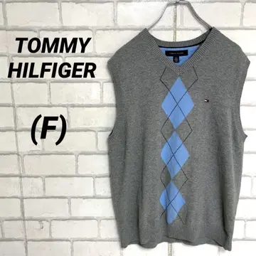 TOMMY 타미힐피거 니트 베스트 아가일 로고 자수 그레이 M
