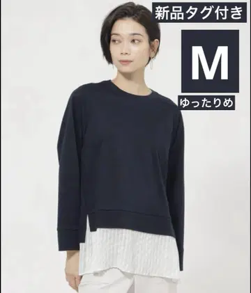 택 포함 새상품 네이비 플리츠 콤비 풀오버 티셔츠