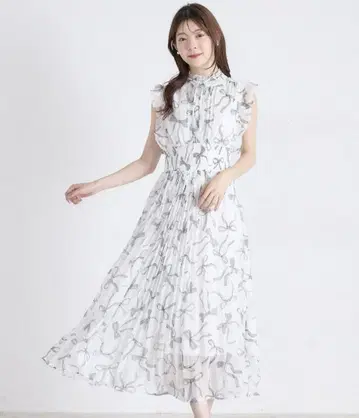 새상품 리본 & 프릴 웨이스트 셔링 리본 프린트 플리츠 원피스 화이트