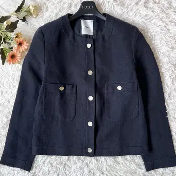 ebule 에브울 린넨 트위드 노카라 금장 버튼 자켓 네이비