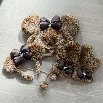 레오파드 미니 귀도리 모자 미톤 머리띠 세트