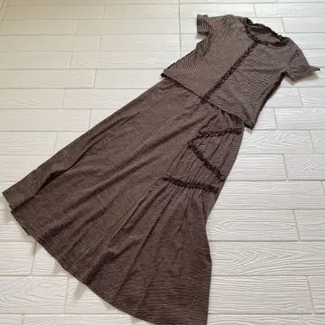 HIROKO KOSHINO 브라운 린넨 95% 반팔 셋업 스커트