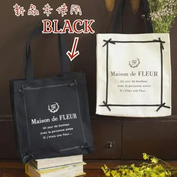 새상품 메종 드 플뢰르 프레임 리본 캔버스 M 토트백 블랙