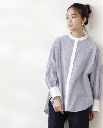 에내추럴뷰티베이직/스트라이프 밴드 카라 셔츠