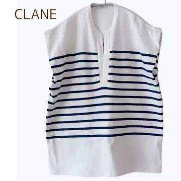 클라네 CLANE 와이드 헨리넥 슬리브리스 보더 상의 M 파랑 화이트