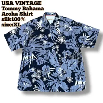 USA 구제 의류 Tommy Bahama 알로하 셔츠 실크 100% 블랙